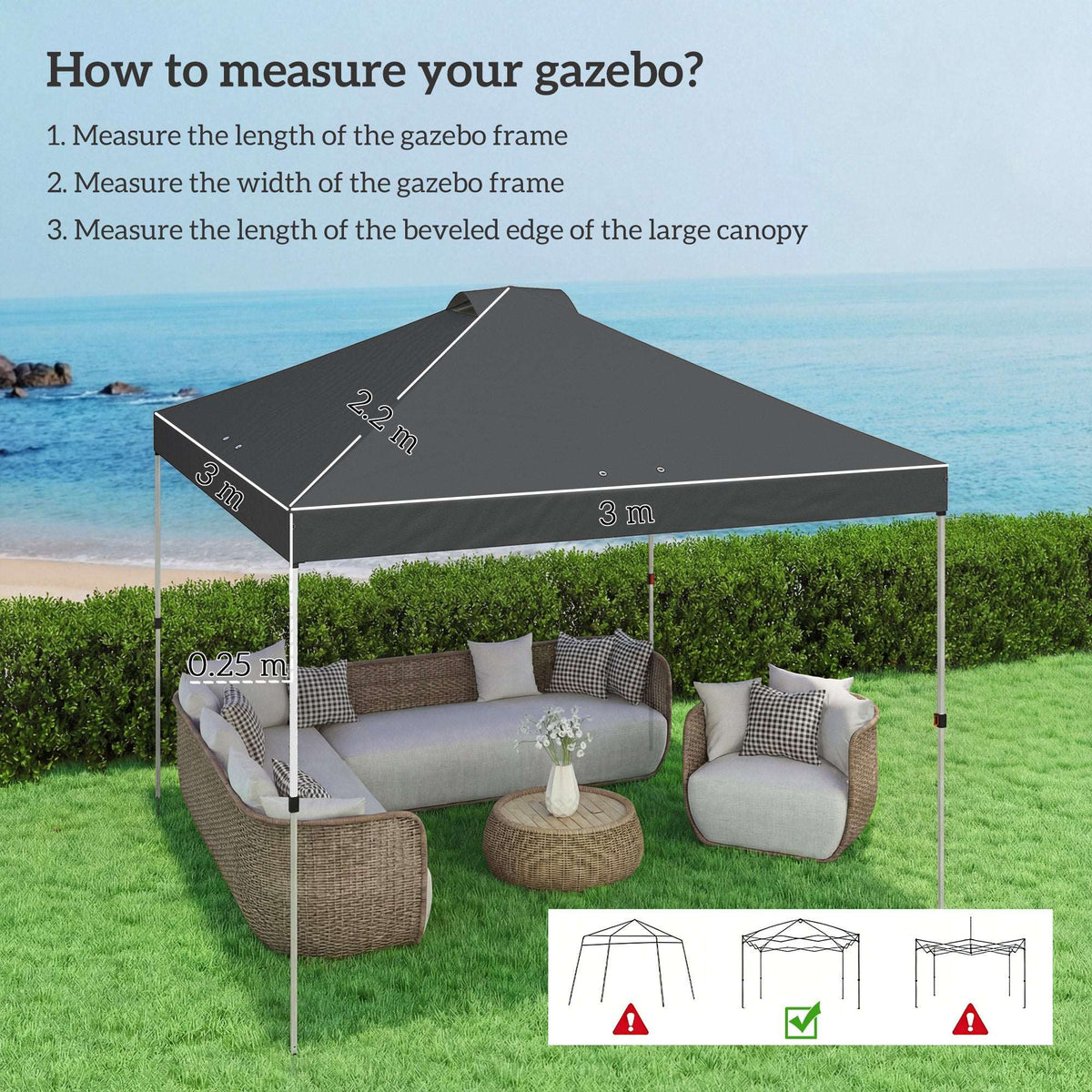 Outsunny Gazebo Roof Replacement UV50+ Waterproof Pop Up Canopy Cover with 8 Drainage Holes 3 x 3 m Dark Grey