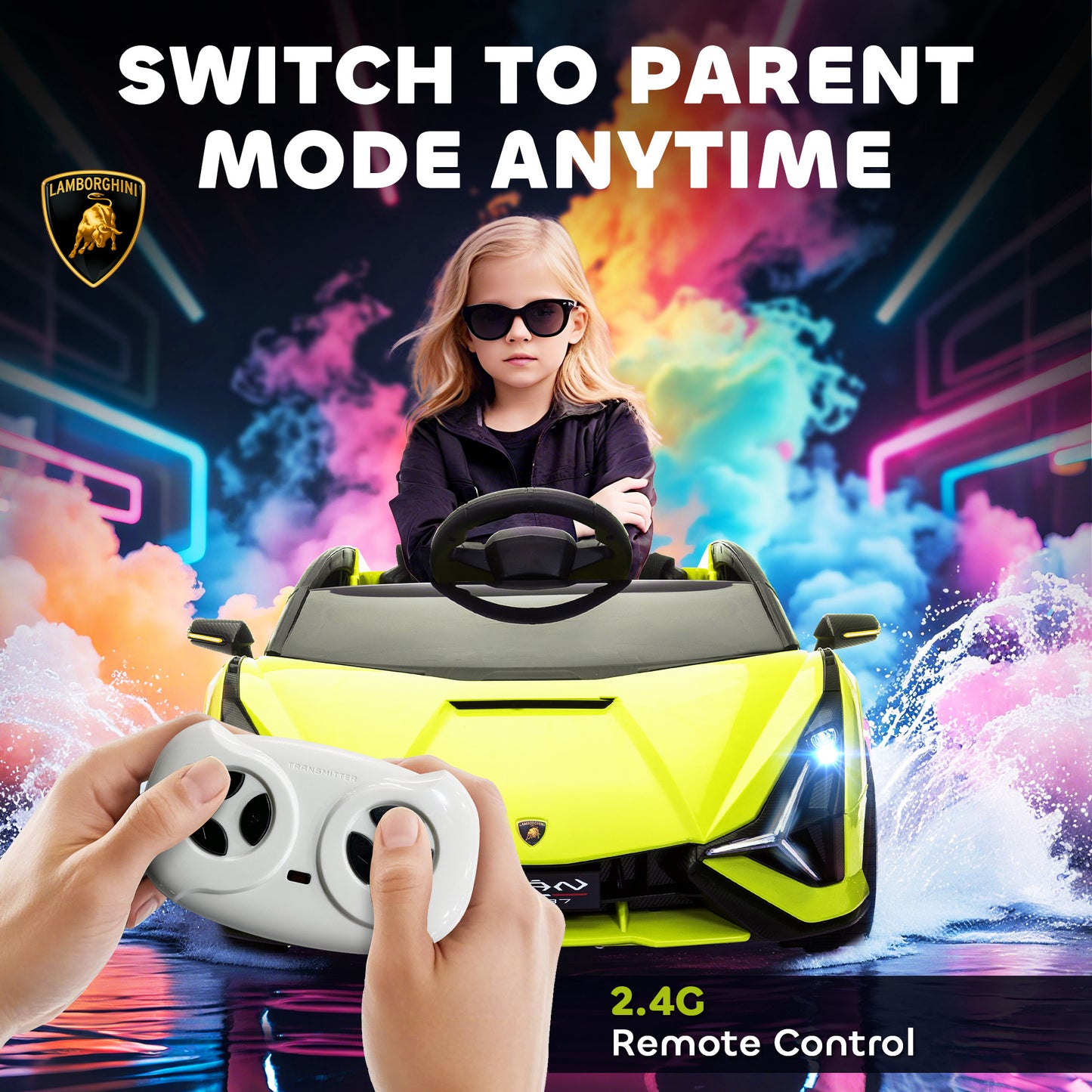 HOMCOM Lamborghini Sian Licensed 12V Electric Car for Kids 2 Motors Toy Car with Remote Control Music Lights MP3 for 3-5 Years Green