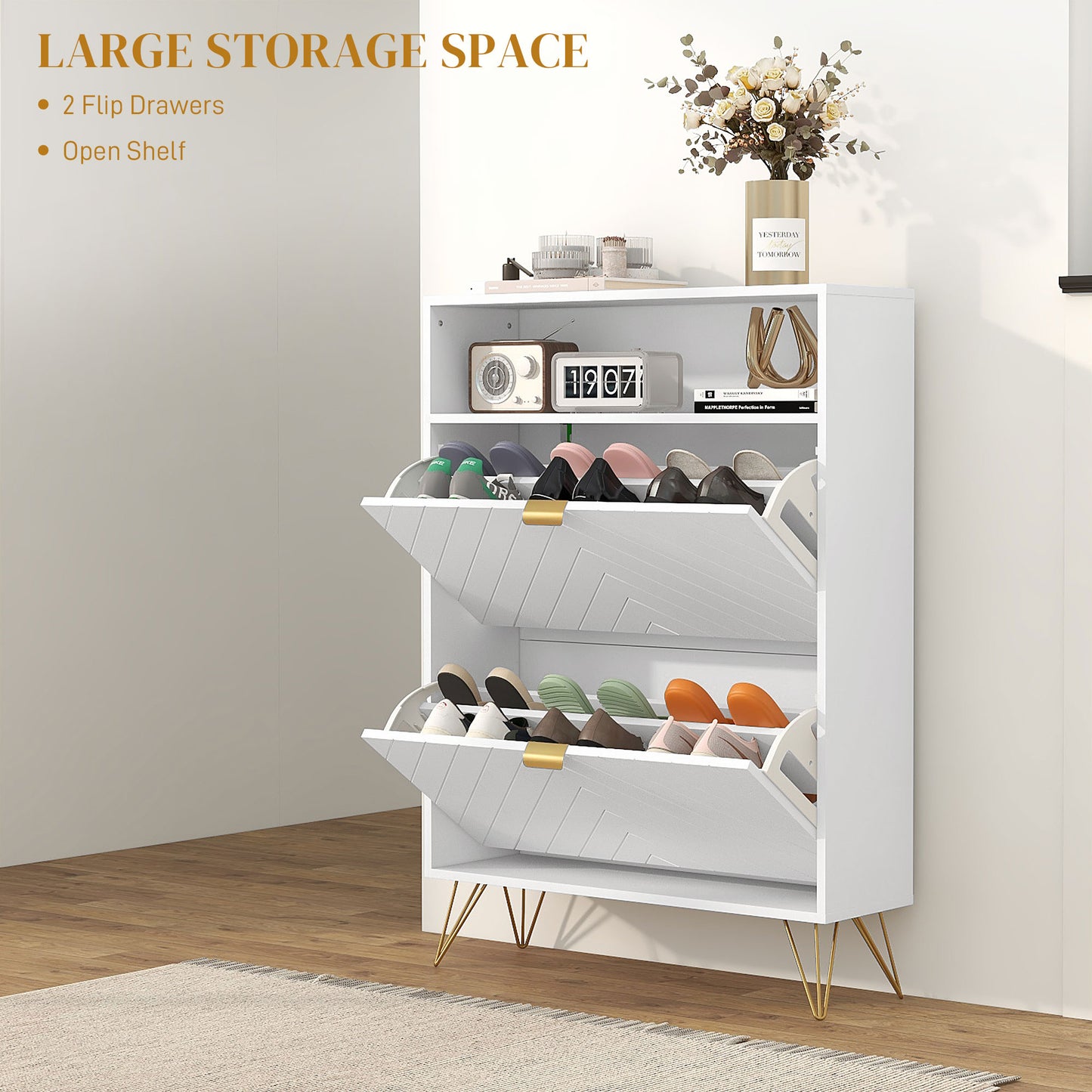 HOMCOM 12 Shoe Storage Cabinet with Chevron Indents and Gold Tone Accents - White