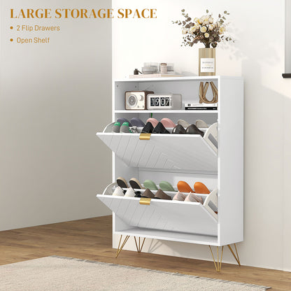HOMCOM 12 Shoe Storage Cabinet with Chevron Indents and Gold Tone Accents - White