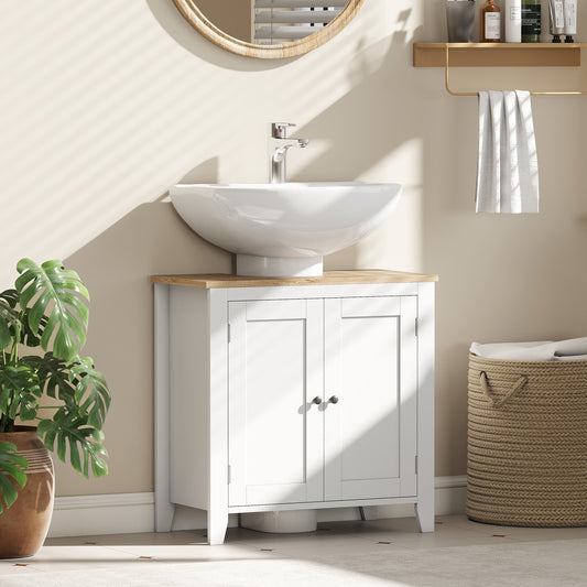 kleankin Under Sink Cabinet, Bathroom Sink Cabinet with 2 Doors, Pedestal Under Sink Design, Freestanding Bathroom Cupboard with Adjustable Shelf, White