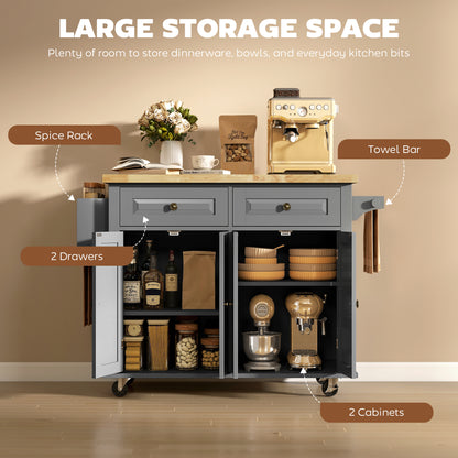 HOMCOM Rolling Kitchen Island Storage Trolley with Rubber Wood Top & Drawers for Dining Room, Grey