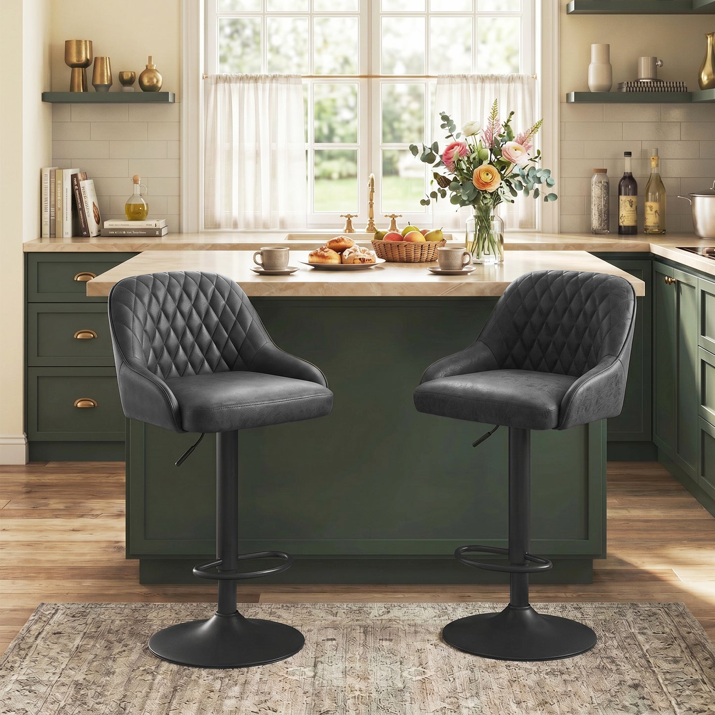 HOMCOM Bar Stools Adjustable Swivel Kitchen Chairs with Backrest Set of 2 for Kitchen Island Black