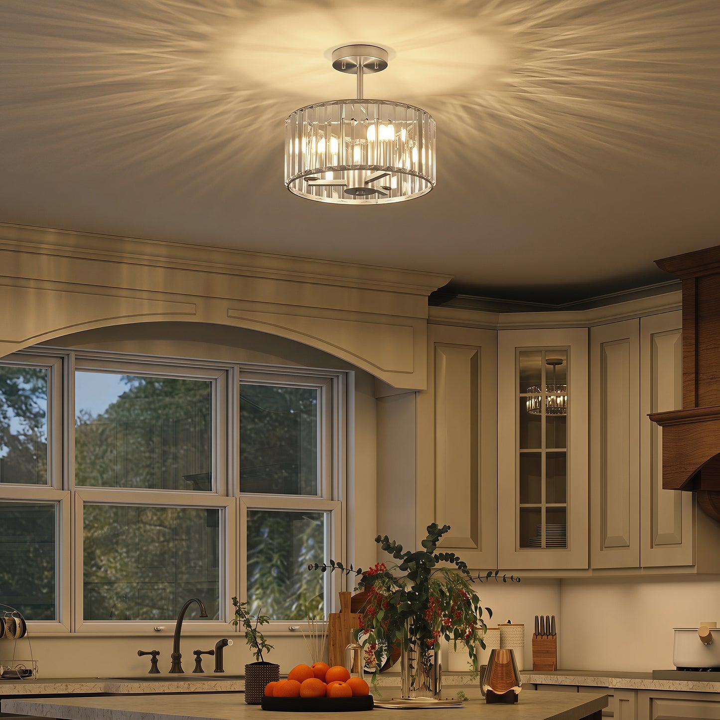 HOMCOM Semi Flush Mount Modern Crystal Chandelier Ceiling Light, Crystal Ceiling Light Fixture with E14 Base, Silver Tone