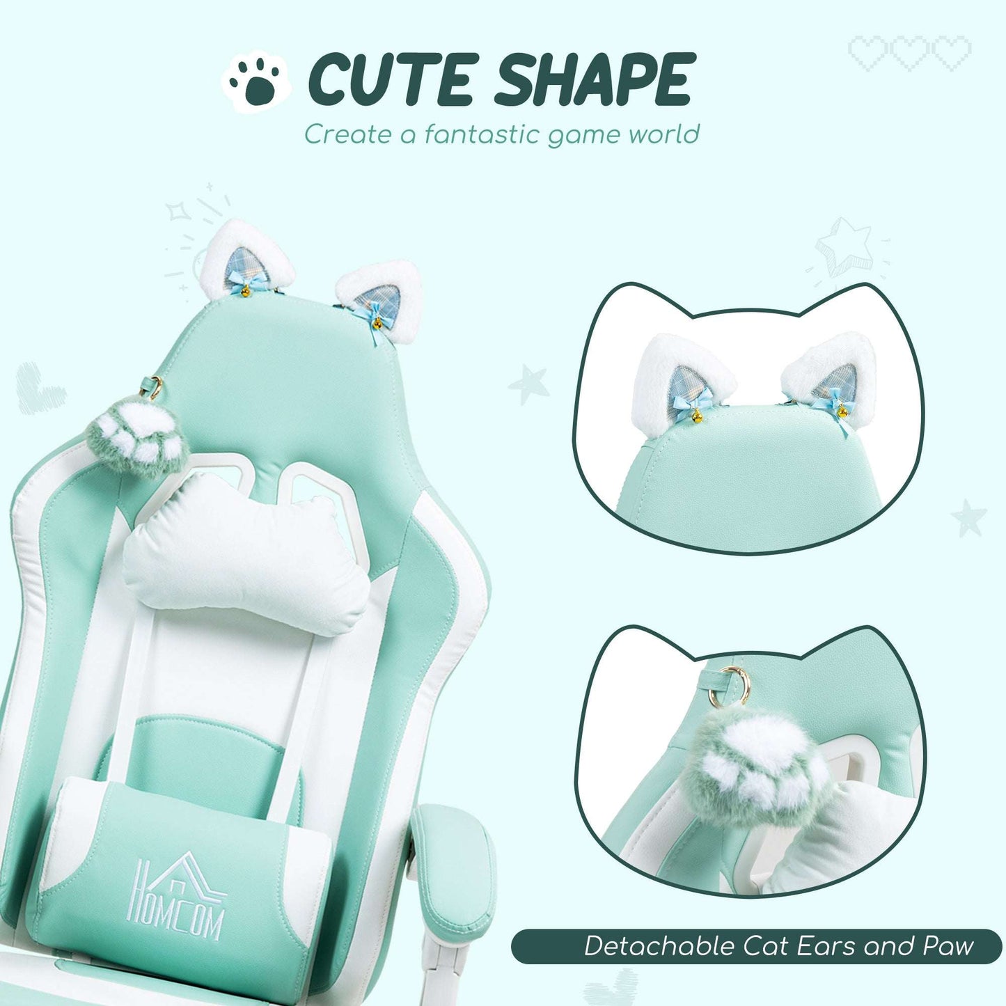 HOMCOM Cat Ear and Paw Reclining Office Chair, with Footrest - Light Blue/White