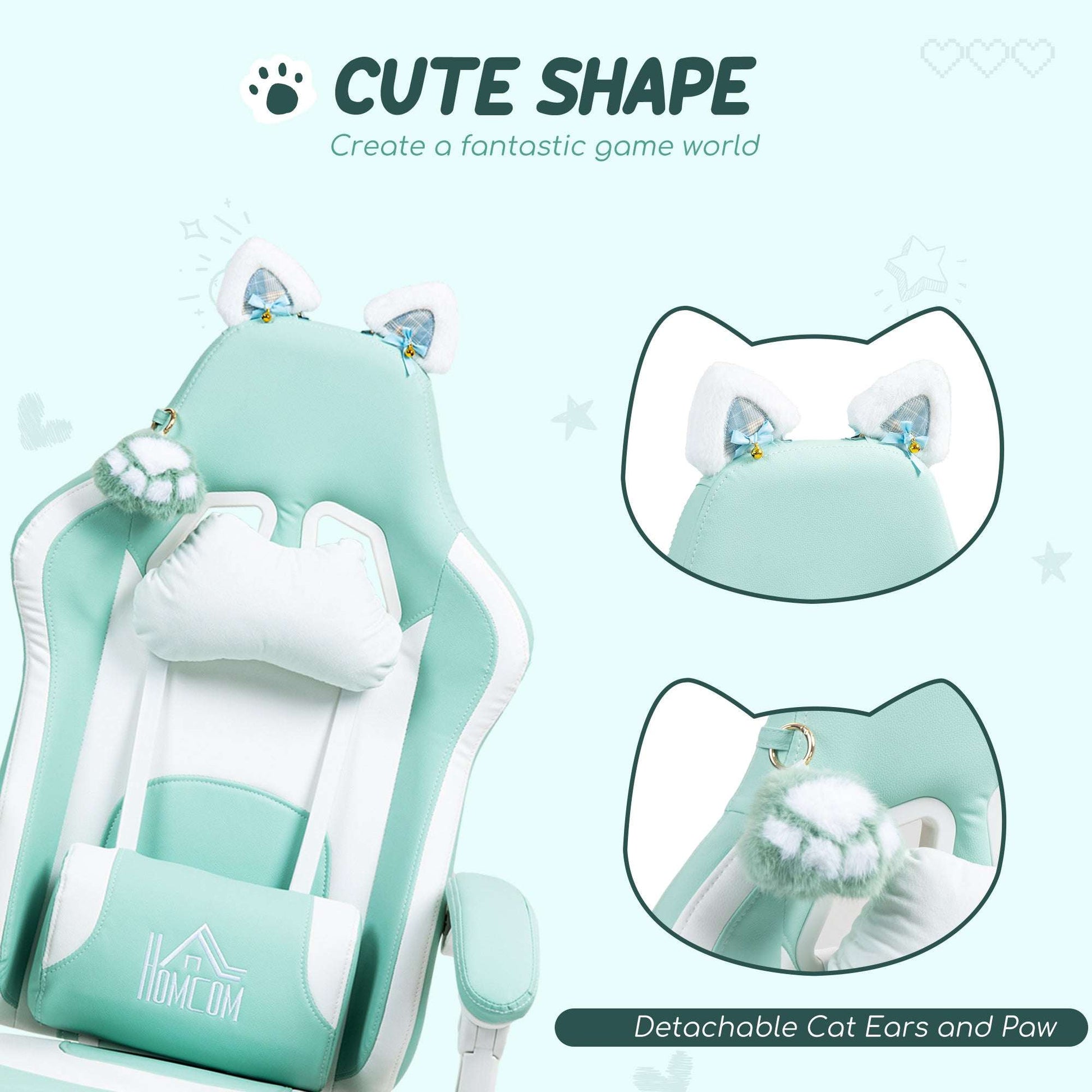 HOMCOM Cat Ear and Paw Reclining Office Chair, with Footrest - Light Blue/White