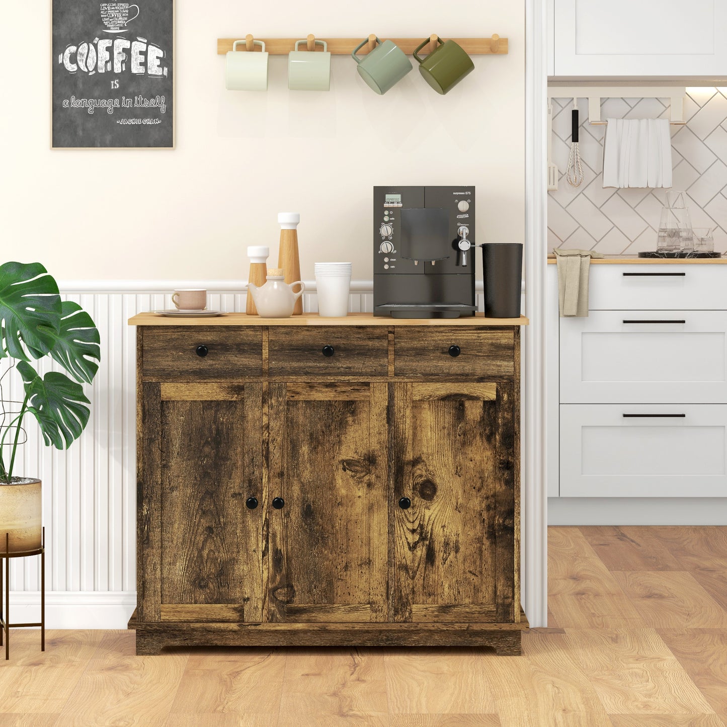 HOMCOM Sideboard with Rubberwood Top and Adjustable Shelves for Dining Room, Kitchen - Rustic Brown