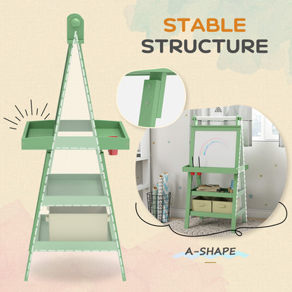 AIYAPLAY 3 in 1 Kids Easel Double-Sided Magnetic Whiteboard and Chalkboard with Paper Roll, Storage Baskets - Green