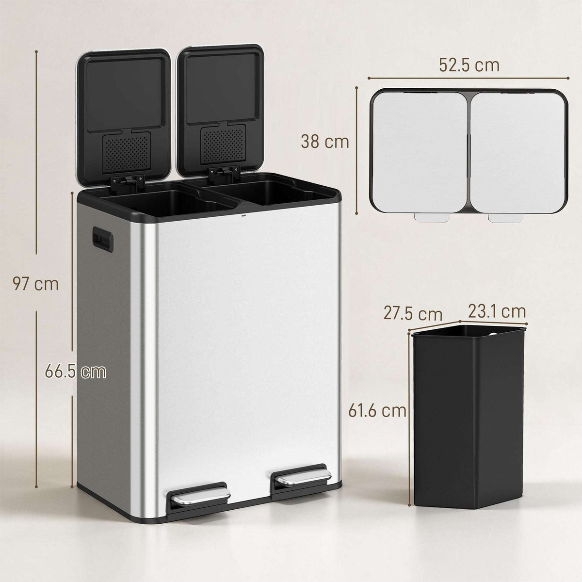 HOMCOM 2 x 30L Double Kitchen Bin, Stainless Steel Pedal Rubbish Bin with Dual Compartments, Soft Close Lids, Silver Tone