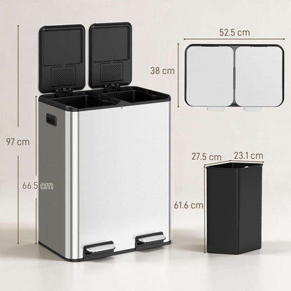 HOMCOM 2 x 30L Double Kitchen Bin, Stainless Steel Pedal Rubbish Bin with Dual Compartments, Soft Close Lids, Silver Tone