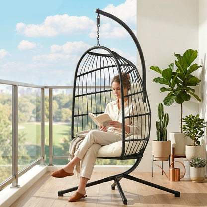 Outsunny Hanging Egg Chair, Indoor Outdoor Hammock Swing Chair with Stand, Safety Strap, Foldable Basket, Black/Cream White