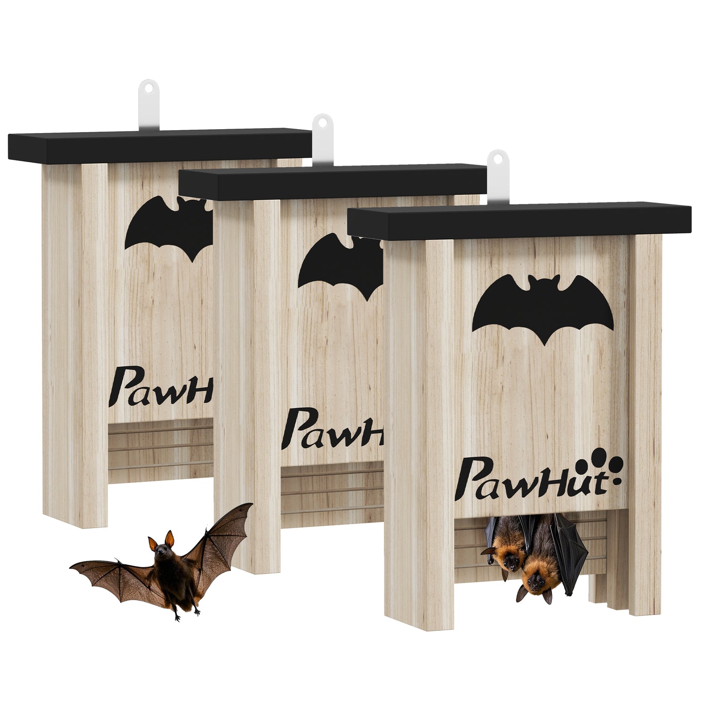 PawHut 3PCs Wooden Bat Boxes, Bat Houses Designed to Attract Bats & Easy to Hang for Outdoor, Garden, Farm, 18 x 6 x 22.5 cm--ChewyGames-ChewyGames