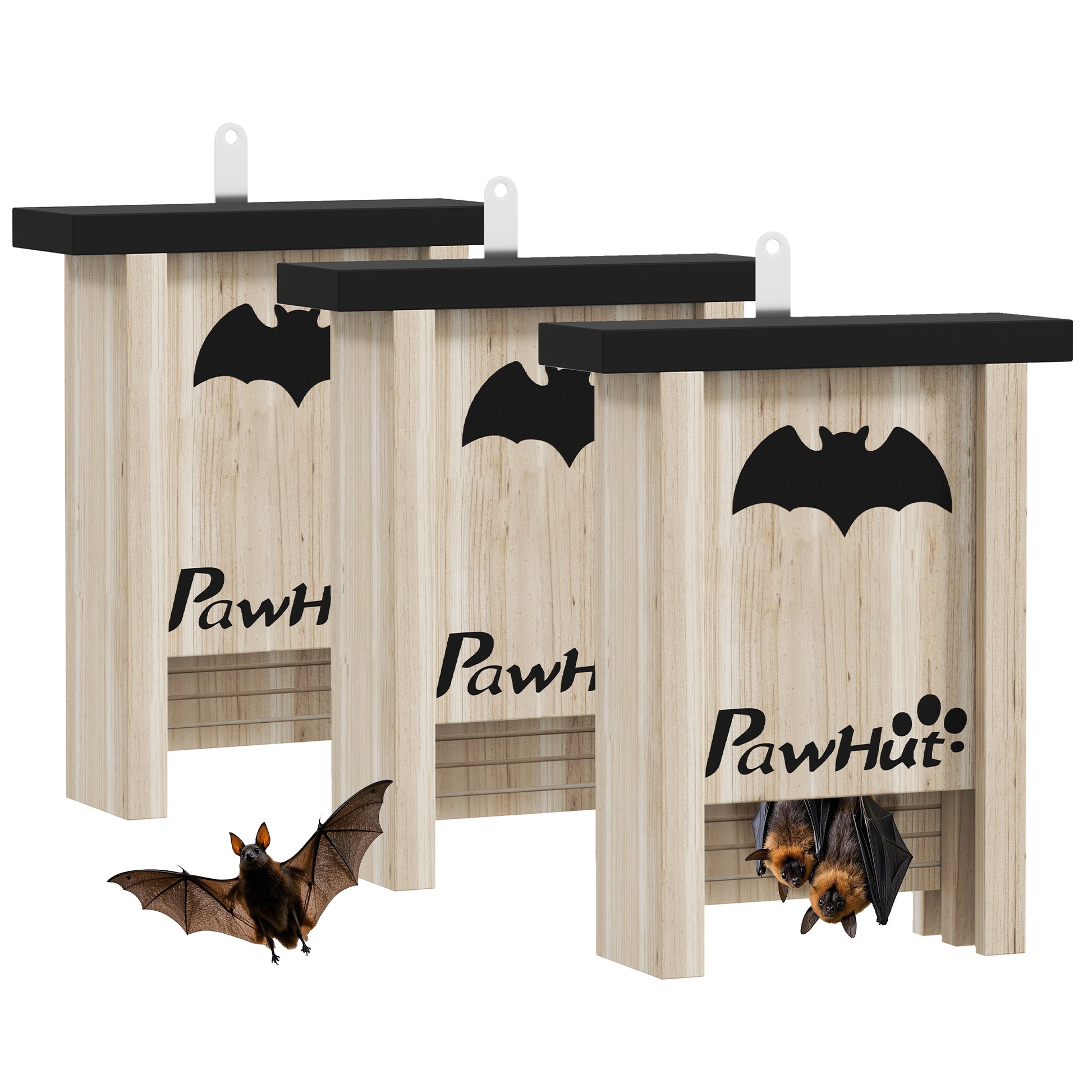 PawHut 3PCs Wooden Bat Boxes, Bat Houses Designed to Attract Bats & Easy to Hang for Outdoor, Garden, Farm, 18 x 6 x 22.5 cm--ChewyGames-ChewyGames