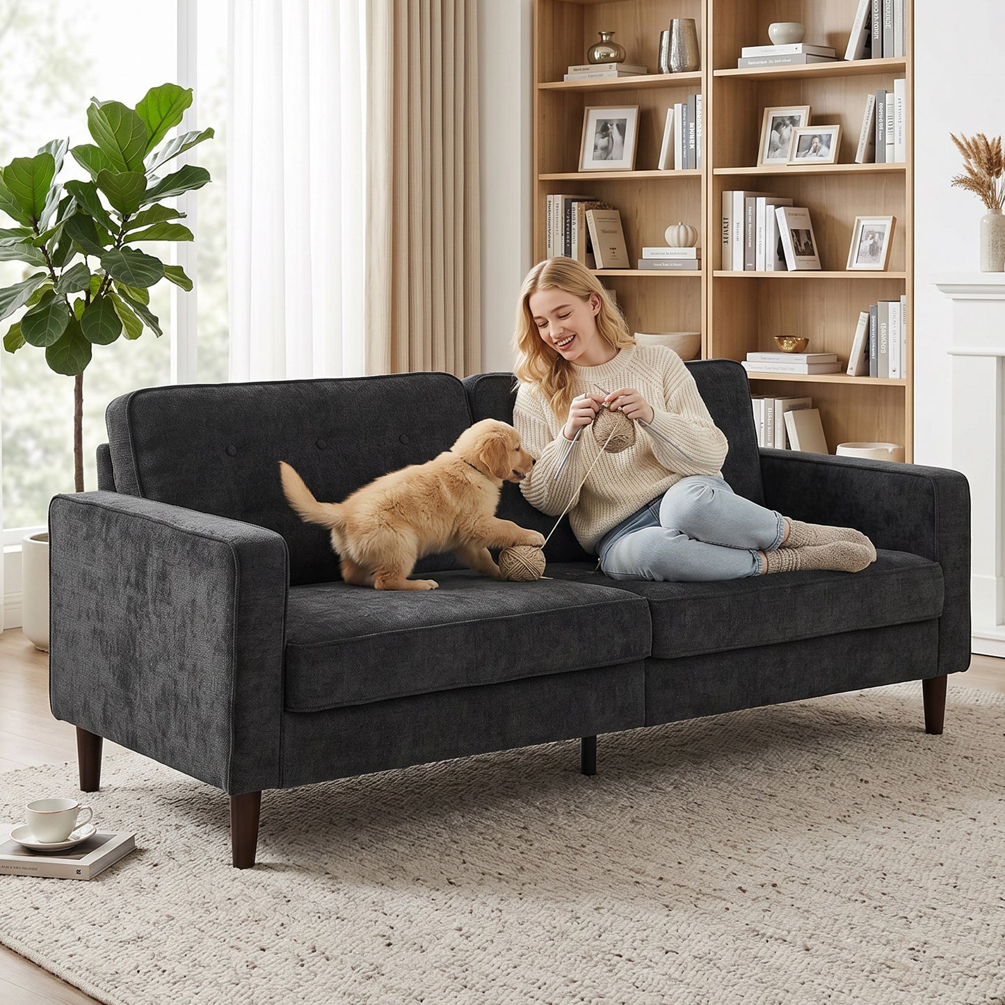 HOMCOM 3 Seater Sofa Button Tufted Upholstered Velvet Couch with Wood Legs for Living Room, Dark Grey