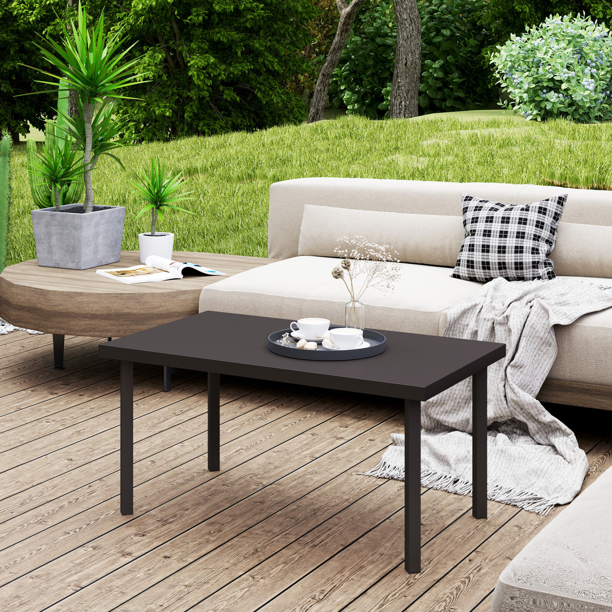 Outsunny Metal Garden Coffee Table, Rectangular Outdoor Side Table with Woodgrain Tabletop, Foot Pads for Outside, Garden, Balcony, Porch, 95 x 55 x 46cm, Brown