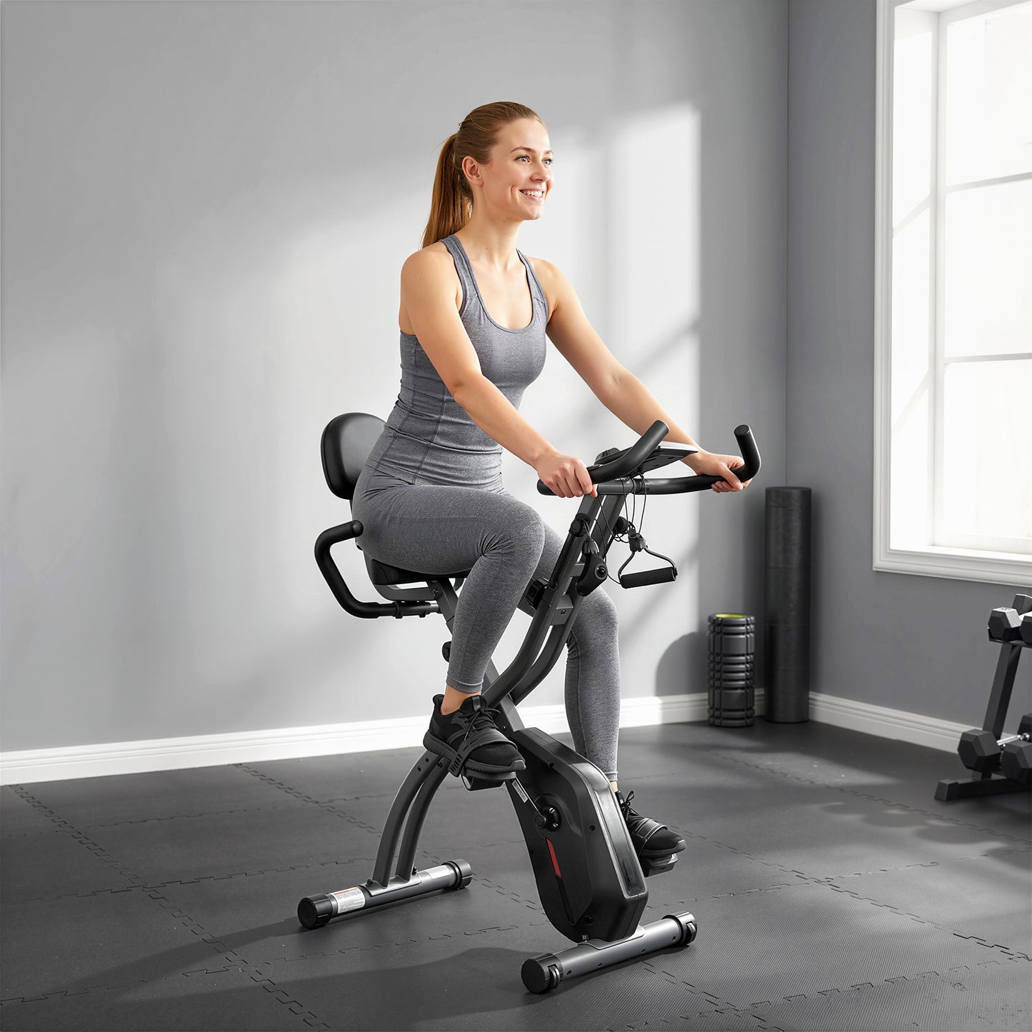 SPORTNOW 4-In-1 Folding Exercise Bike with Resistance Bands, Bluetooth App, 8-Level Magnetic Resistance, LCD Display, Black