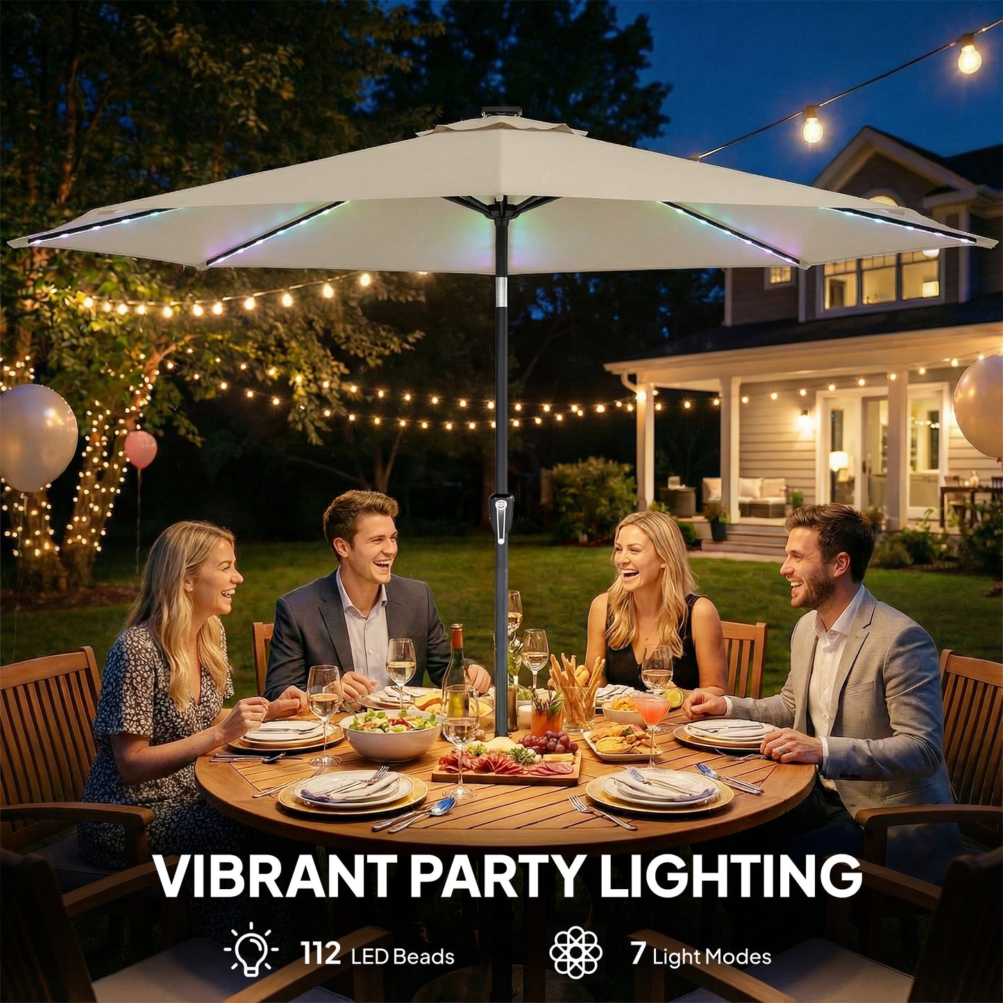 Outsunny 3 m Garden Parasol Umbrella with 112 Solar Powered LED Lights, Patio Umbrella with Crank Handle, Beige--ChewyGames-ChewyGames