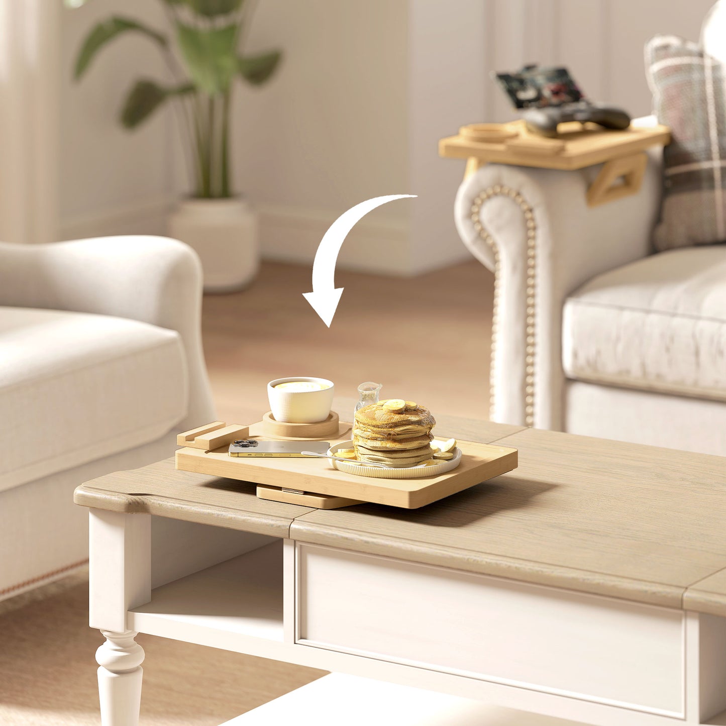 HOMCOM Anti-Slip Sofa Armrest Tray, Bamboo Sofa Arm Tray with 360° Phone Holder and Removable Cup Holder, Natural