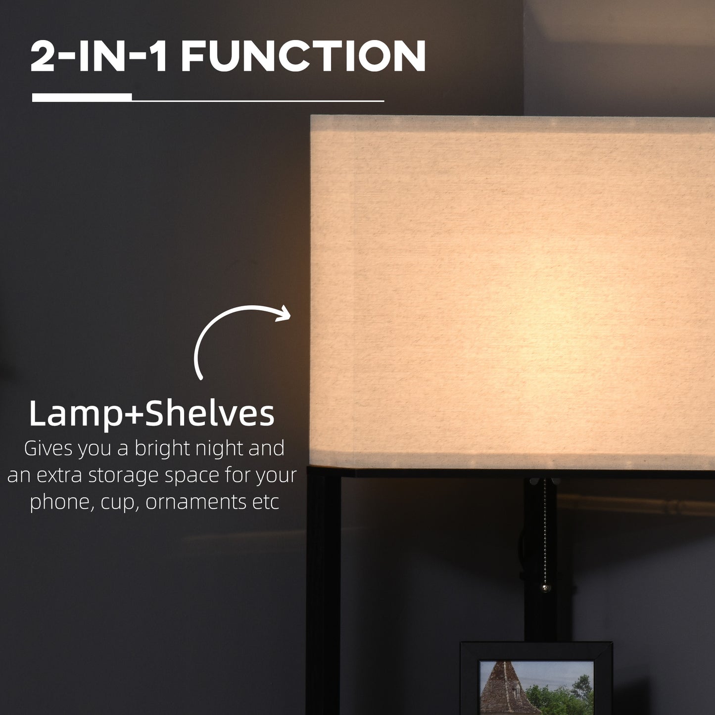 HOMCOM Corner Floor Lamp with Shelves, Modern Tall Standing Lamp with Chain Switch for Living Room, Bedroom, Bulb Not Included, Black