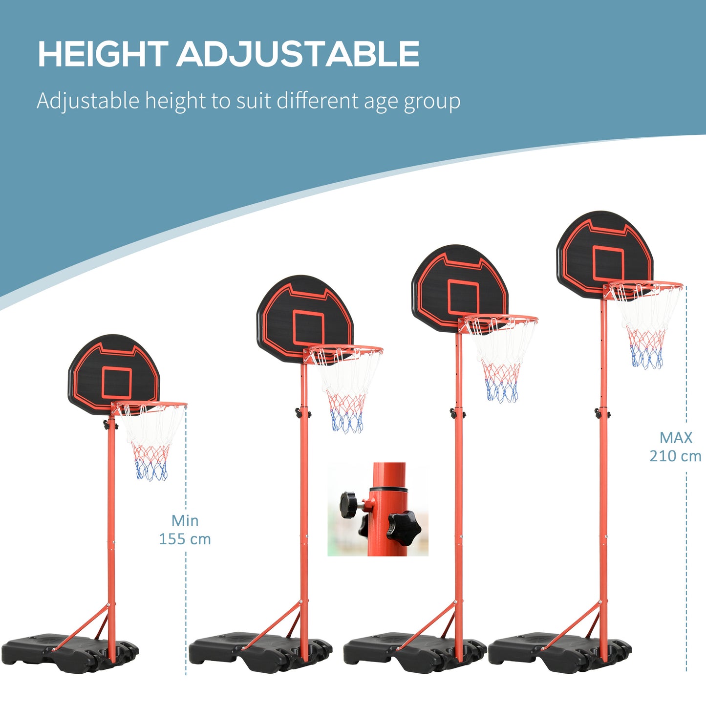 HOMCOM Basketball Hoop Outdoor, Portable Basketball Hoop and Stand with Weighted Base, Portable on Wheels, 1.55-2.1m, for Teens, Juniors, Adults, Black