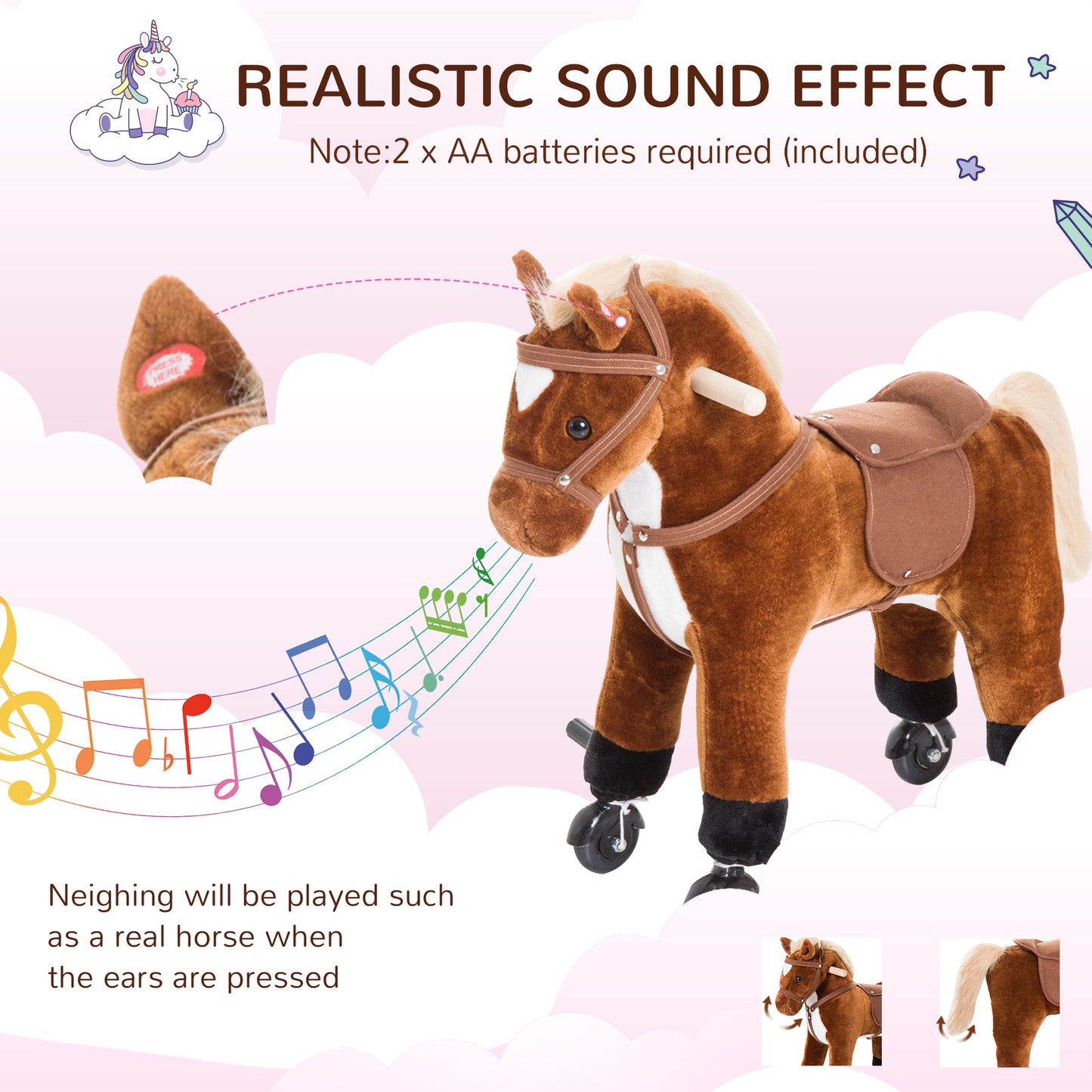 HOMCOM Rocking Horse Kids Ride on Walking Horse Animal Pony Wheeled Riding Plush Toy w/Sound for 2 Years and Up (Brown)