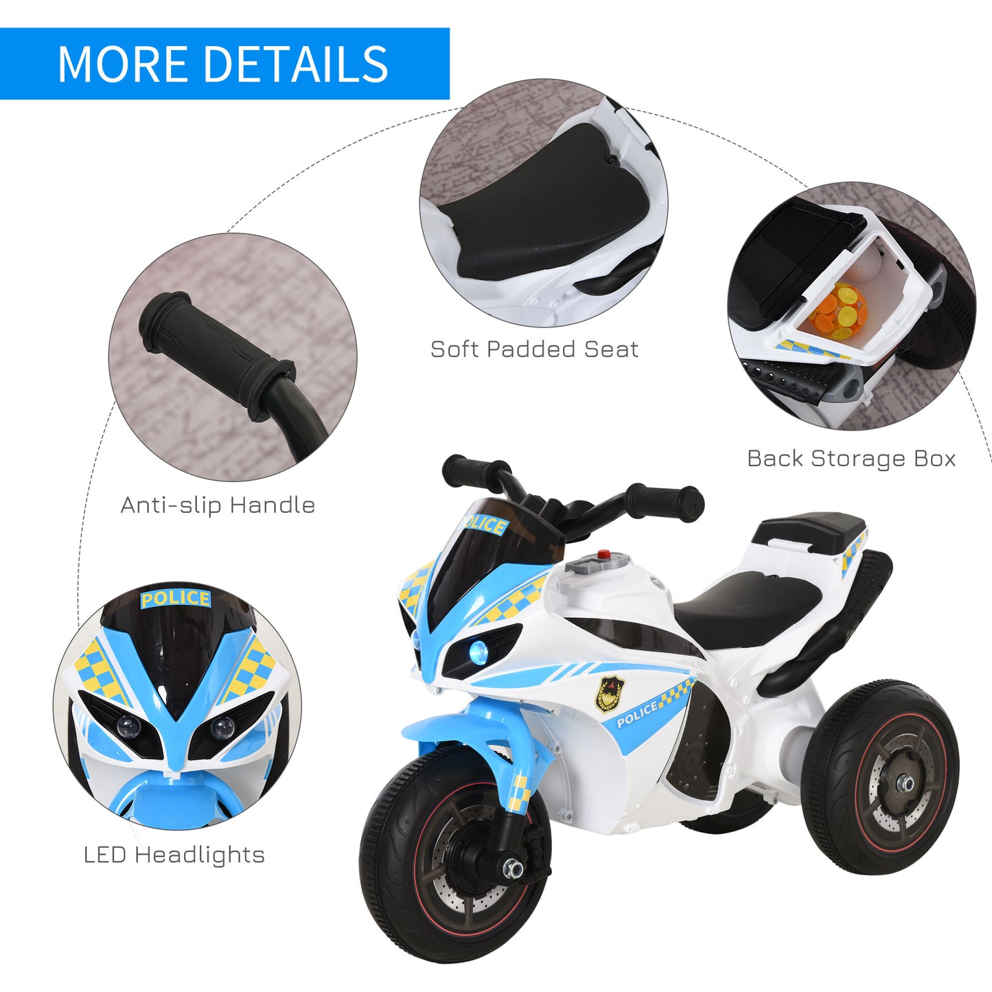 HOMCOM Kids Ride-On Police Bike 3-Wheel Vehicle w/ Music Lights Seat Handlebars Toddler NO POWER Child Learning Fun Development 18-36 Months Blue