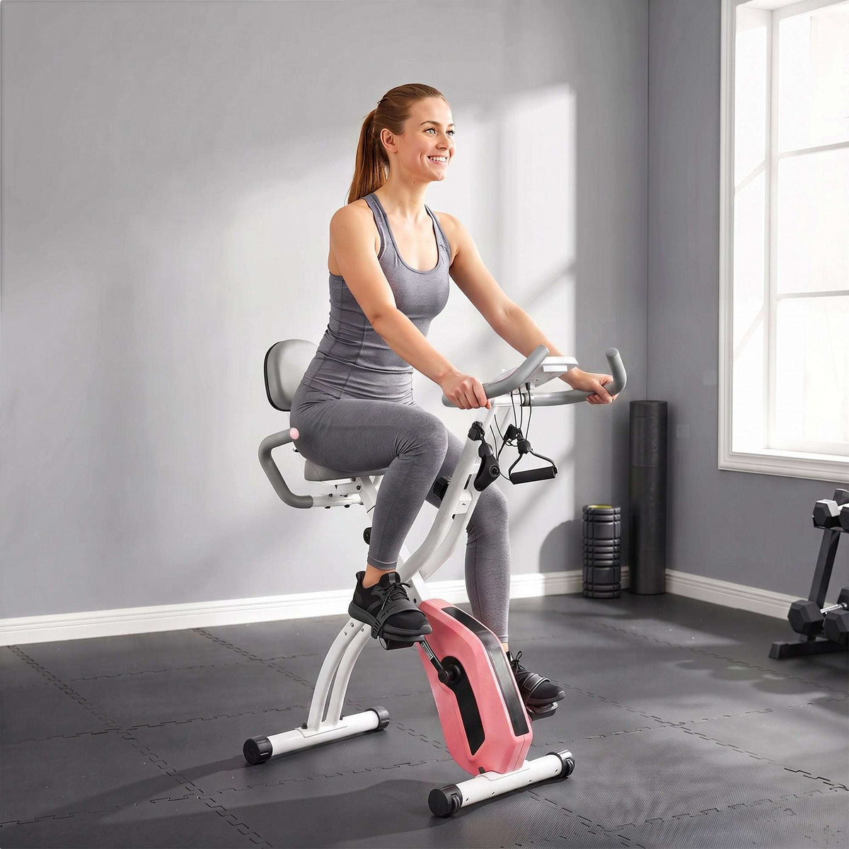 SPORTNOW 4-In-1 Folding Exercise Bike with Resistance Bands, Bluetooth App, 8-Level Magnetic Resistance, LCD Display, Pink
