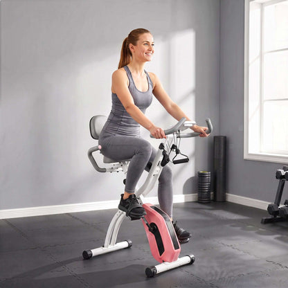 SPORTNOW 4-In-1 Folding Exercise Bike with Resistance Bands, Bluetooth App, 8-Level Magnetic Resistance, LCD Display, Pink