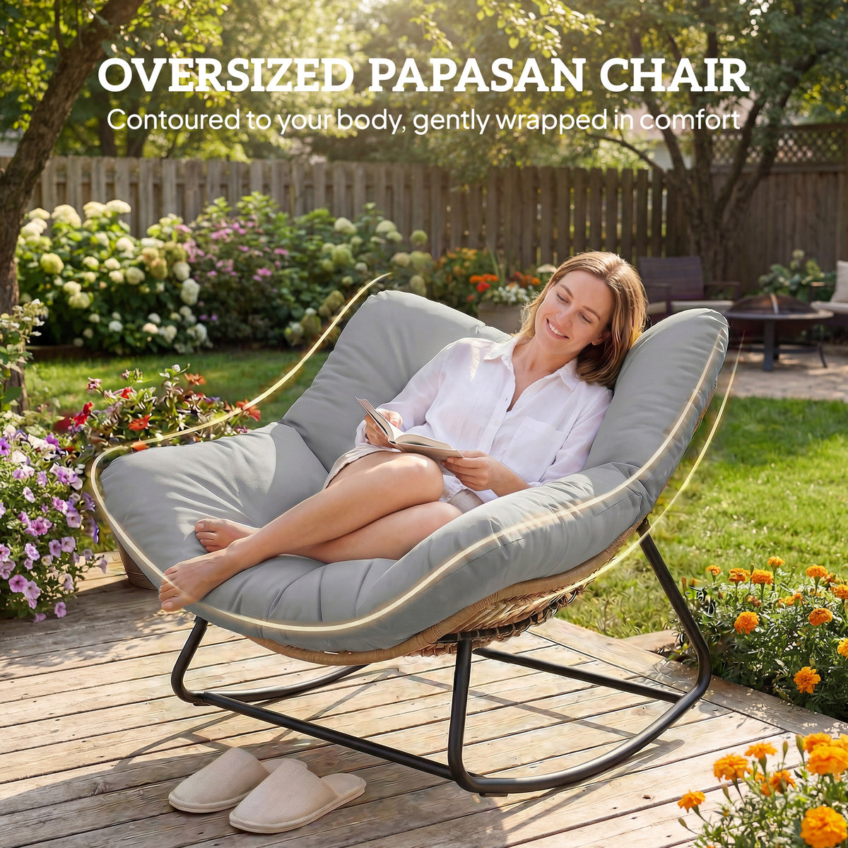 Outsunny Indoor Outdoor Rocking Chair, Oversized Rocking Egg Chair with Cushion for Living Room, Garden, Patio, Light Grey-Rocking Chairs-ChewyGames-ChewyGames