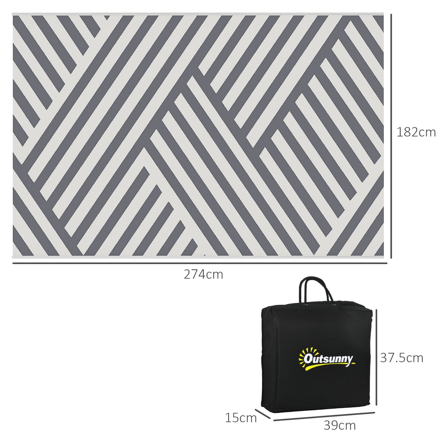 Outsunny Plastic Straw Reversible RV Outdoor Rug with Carry Bag, 182 x 274cm, Grey and Cream--ChewyGames-ChewyGames