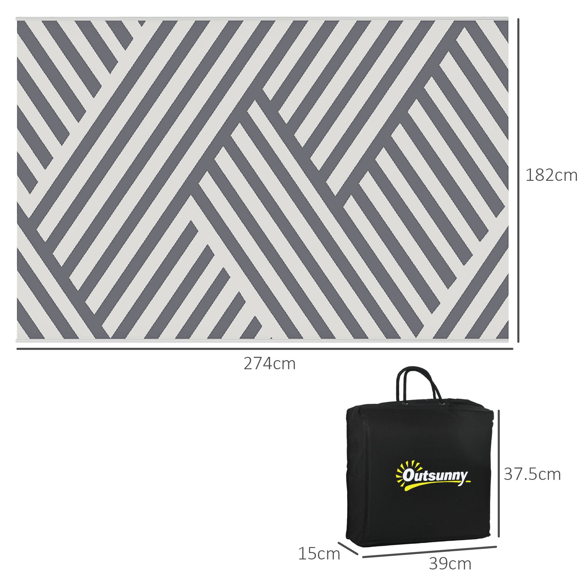Outsunny Plastic Straw Reversible RV Outdoor Rug with Carry Bag, 182 x 274cm, Grey and Cream--ChewyGames-ChewyGames