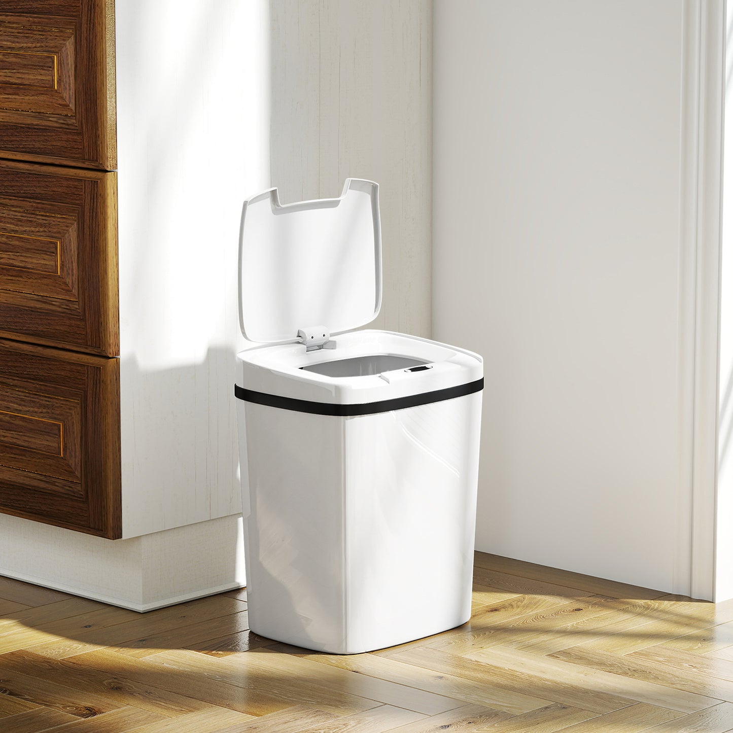 HOMCOM 15L Sensor Bin, Automatic Touchless Kitchen Bin, Easy Clean, Battery Operated for Home Office, Bedroom, Bathroom, White--ChewyGames-ChewyGames