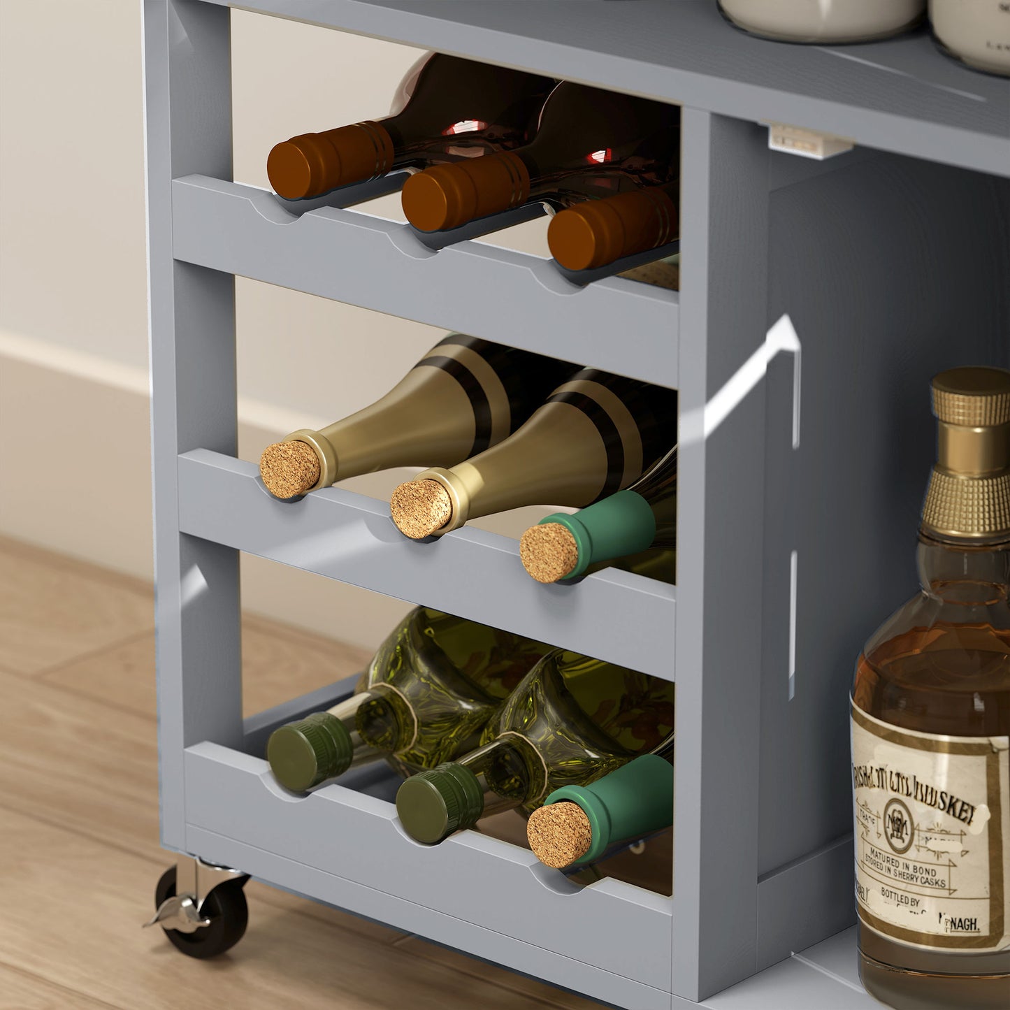 HOMCOM Modern Kitchen Trolley, Rolling Island Storage Cart with Drawer, 9-bottle Wine Rack, Door Cabinets, Wooden Countertop, Grey