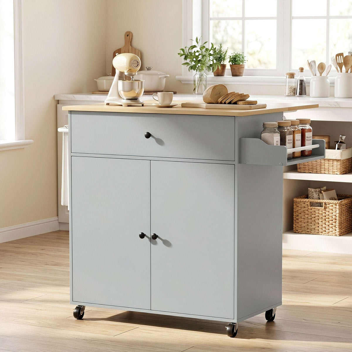 HOMCOM Kitchen Island with Drop Leaf, Rolling Kitchen Storage Trolley on Wheels with Drawer, Spice Rack and Towel Rack, Grey