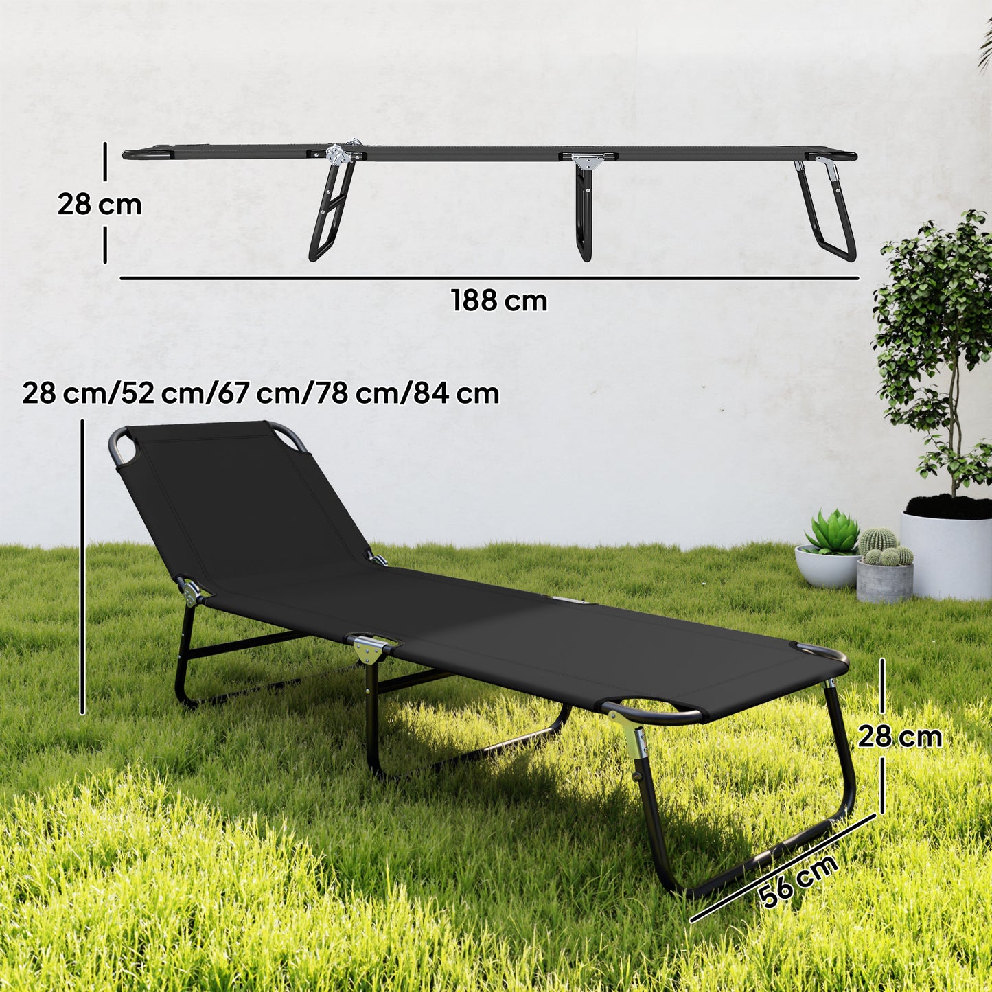 Outsunny Foldable Sun Lounger with 5-Position Adjustable Backrest, Outdoor Portable Recliner Chaise Lounge Chair with Oxford Fabric for Patio, Beach, Garden, Camping, Black