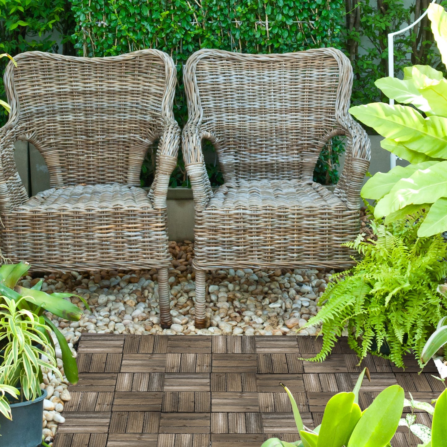 Outsunny 27 Pcs Wooden Interlocking Decking Tiles, Outdoor Flooring Tiles for Patio, Balcony, Terrace, Hot Tub, 30 x 30 cm per Piece, 2.5㎡ per Pack, Charcoal Grey