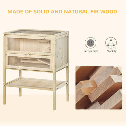 PawHut Wooden Hamster Cage with Storage Shelf, Small Animal Exercise Play House with Openable Top, Ramp for Gerbils, Drawf Hamsters, 60 x 40 x 80 cm - Natural