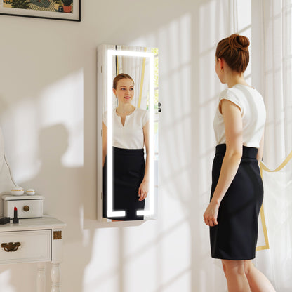 HOMCOM LED Mirror Jewellery Cabinet, Wall Mounted Full Length Mirror with Storage, Lockable Jewellery Organiser, White