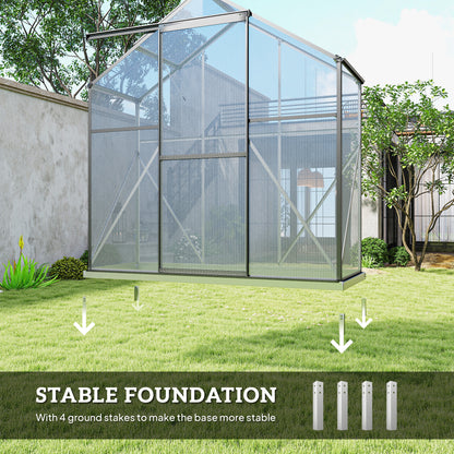 Outsunny 6 x 2.5ft Polycarbonate Greenhouse Walk-In Green House with Rain Gutter, Sliding Door, Window, Foundation, Dark Grey