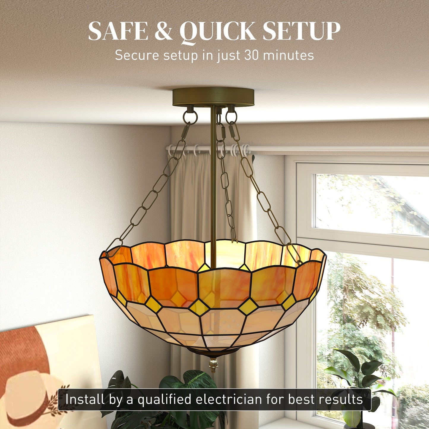 HOMCOM Tiffany Style Ceiling Light, Vintage Chandelier with 3 E27 Sockets, Semi Flush Mount for Living Room, Bulbs Not Included