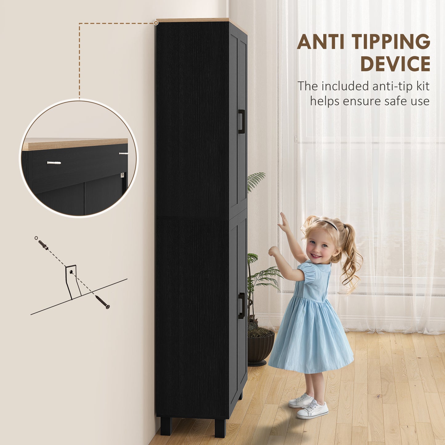 HOMCOM Freestanding Kitchen Cupboard, 4-Door Storage Cabinet with Adjustable Shelves, Modern Kitchen Pantry, 170cm, Black