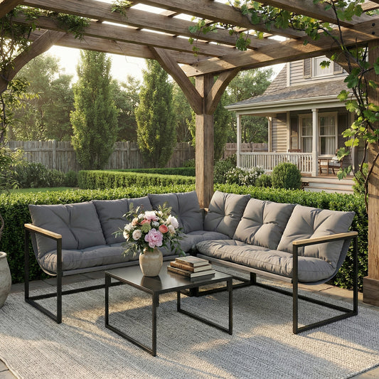 Outsunny 4 Piece Garden Furniture Set with Thick Cushions and Coffee Table, Patio Conversation Set for Porch, Balcony, Deck, Grey
