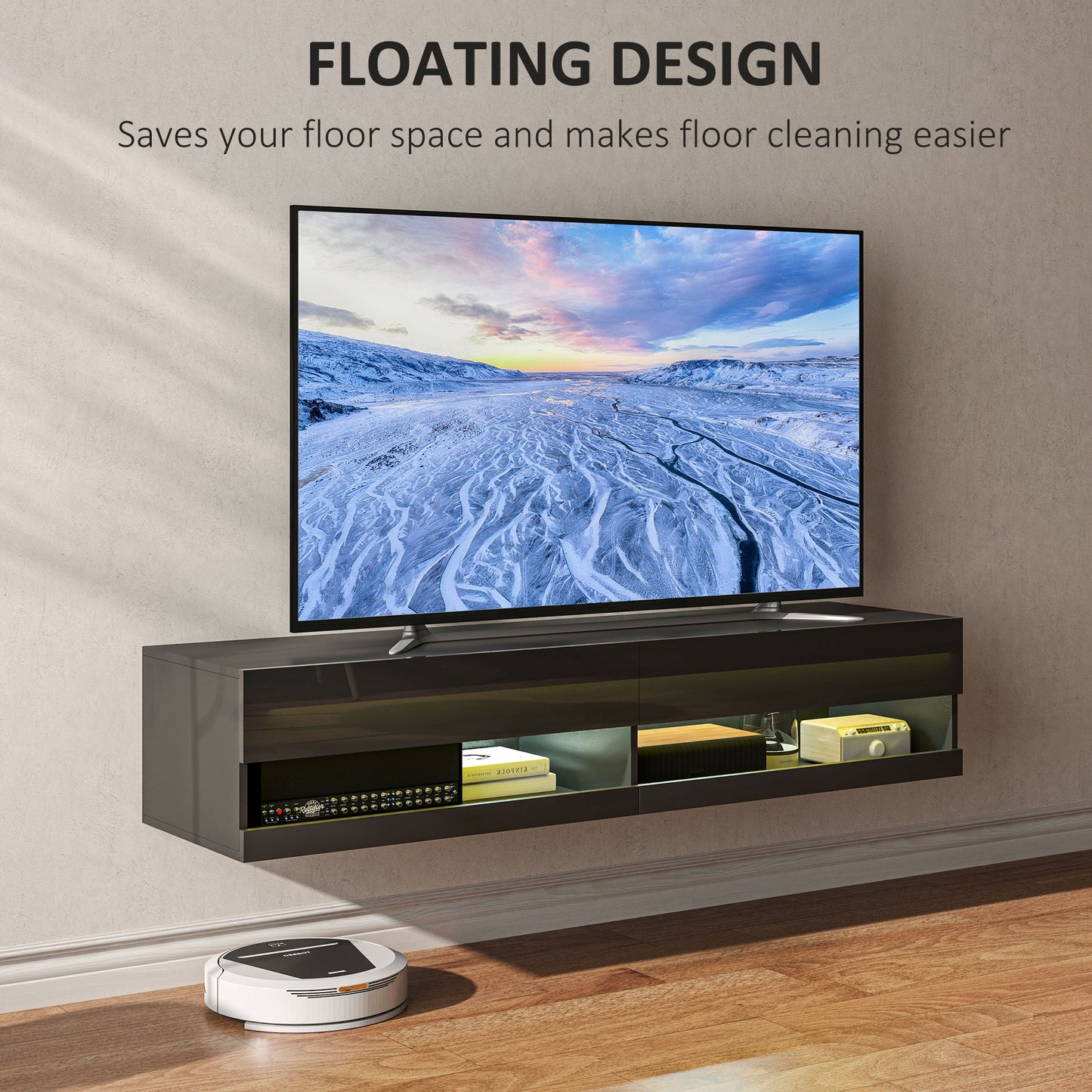 HOMCOM Floating TV Unit, Wall Mounted TV Cabinet for TVs up to 65", High Gloss Media Wall Unit with LED Lights, Storage Shelves, APP Control for Living Entertainment Room, Black