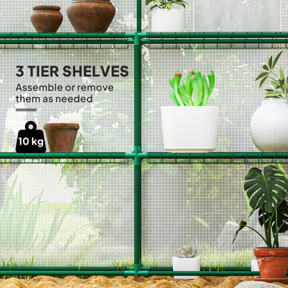Outsunny Walk-in Greenhouse with 3 Tier 12 Shelves, Small Greenhouse with Reinforced PE Cover, Garden Plant Growhouse with Roll-up Door and Three Mesh Windows, 140 x 213 x 190 cm, White