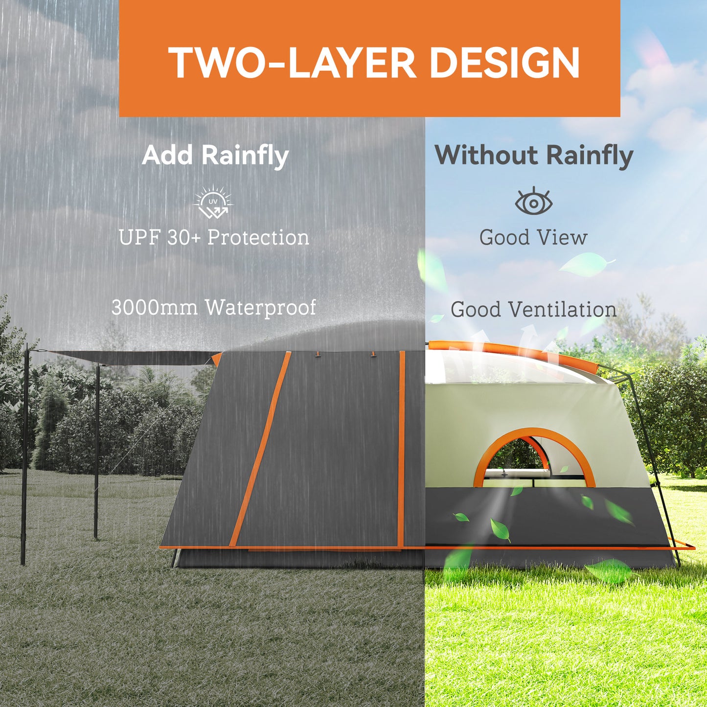 Outsunny 5 Man Camping Tent, Double Layer Tunnel Tent with Porch, Living Area and 2 Bedrooms, Sewn in Groundsheet, 3000mm Waterproof and UPF 30+, Portable with Bag, Grey