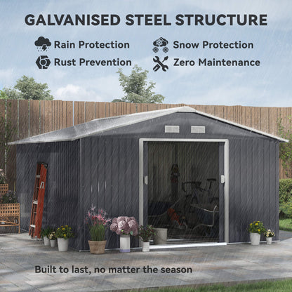 Outsunny 13 x 11ft Metal Garden Shed, Outdoor Storage Tool House with Ventilation Slots, Foundation Kit and Lockable Double Doors, Grey