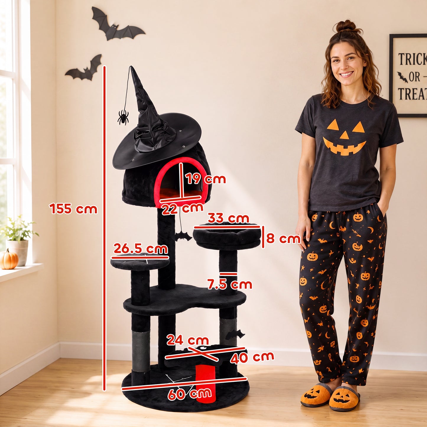 PawHut Gothic Cat Tree, 155cm Cat Tower for Indoor Kittens, Multi-Level Stable Kitten Activity Centre, Black, Halloween