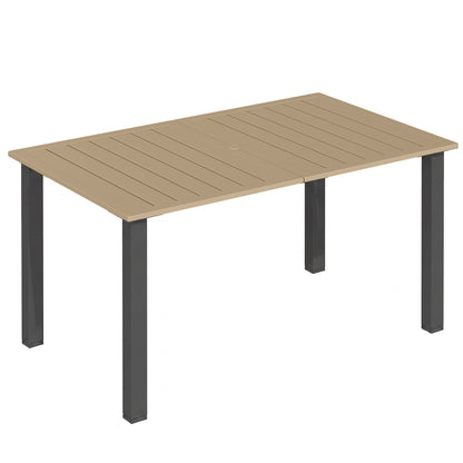 Outsunny Garden Dining Table for 6 with Parasol Hole, Rectangle Outdoor Garden Table with Slatted Metal Top, Steel Frame, Brown