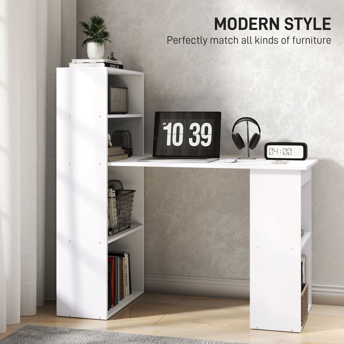 HOMCOM 120cm Computer Desk, Wooden PC Laptop Table with 6-Tier Storage Bookshelves, Home Office Working Study Desk, Writing Workstation, White