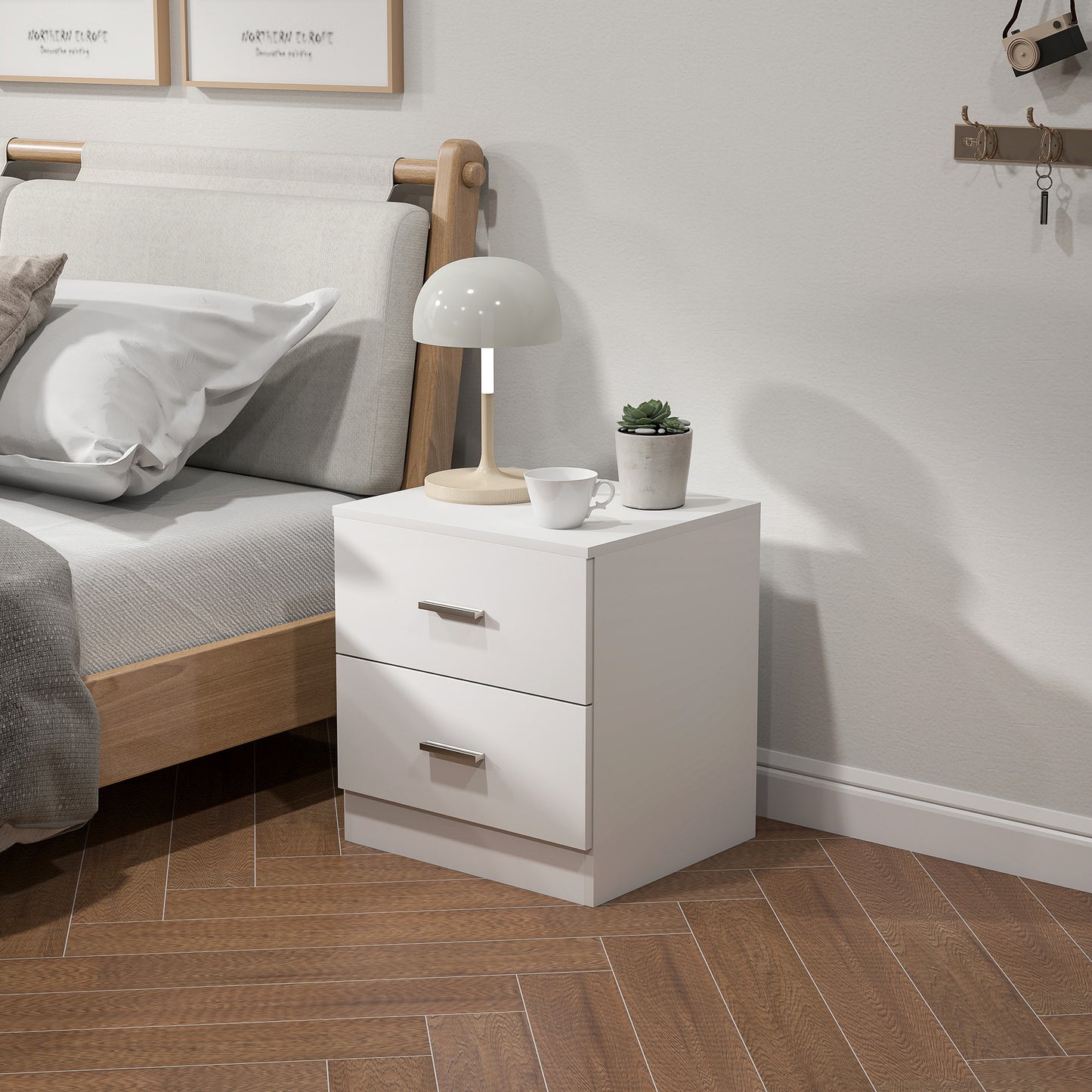 HOMCOM Modern Bedside Table, Beside Cabinet with 2 Drawers, for Bedroom, Living Room, White